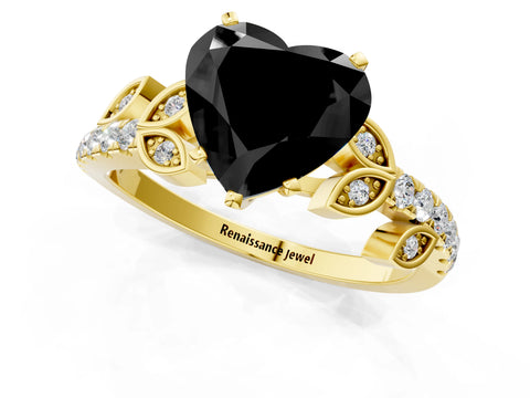 Yellow gold Fancy Black Heart Cut Solitaire Leaf-Inspired Diamond Ring with Pavé Band and Four-Prong Setting_1