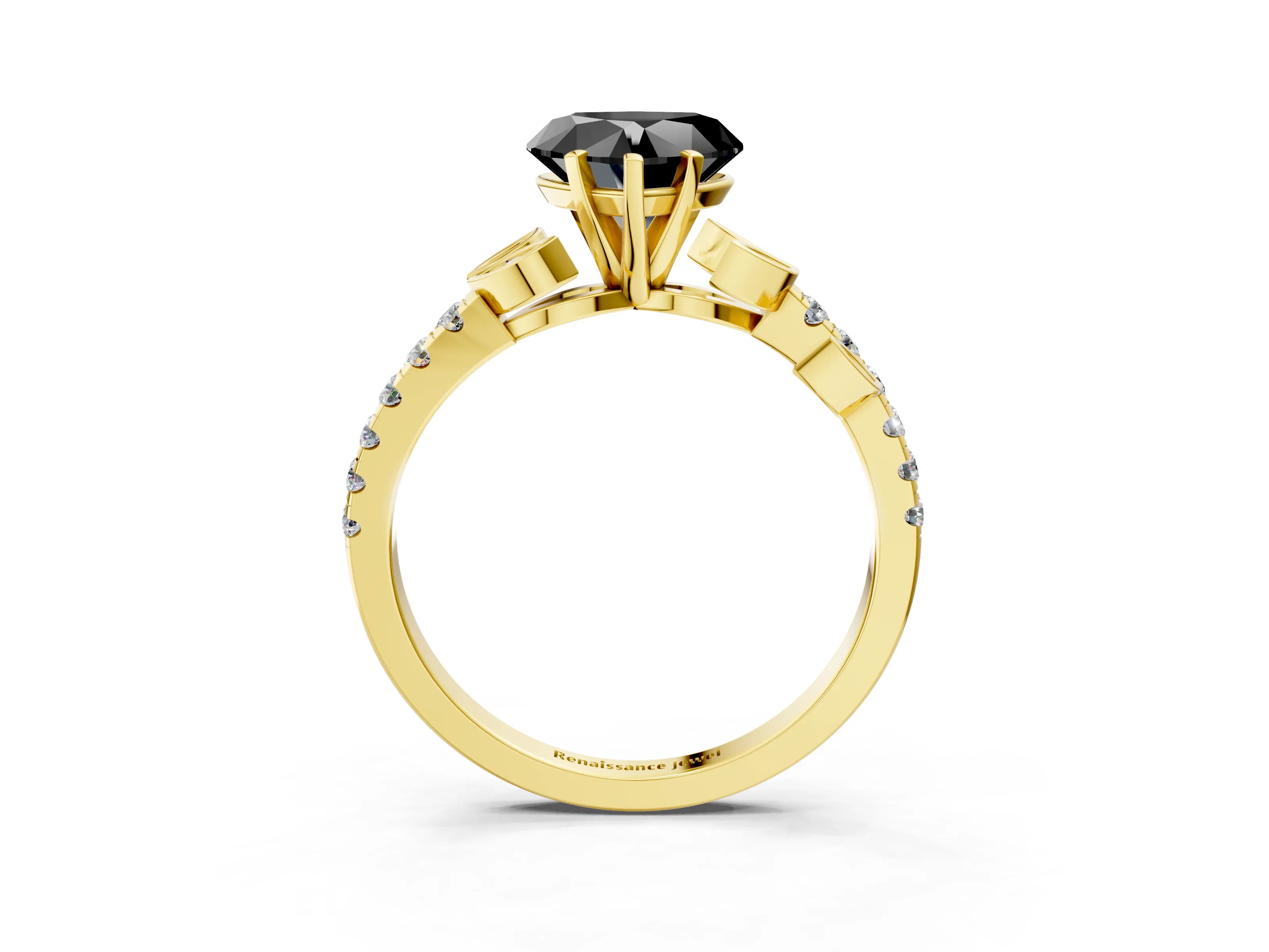 Yellow gold Fancy Black Heart Cut Solitaire Leaf-Inspired Diamond Ring with Pavé Band and Four-Prong Setting_3