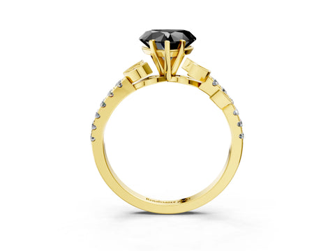 Yellow gold Fancy Black Heart Cut Solitaire Leaf-Inspired Diamond Ring with Pavé Band and Four-Prong Setting_3