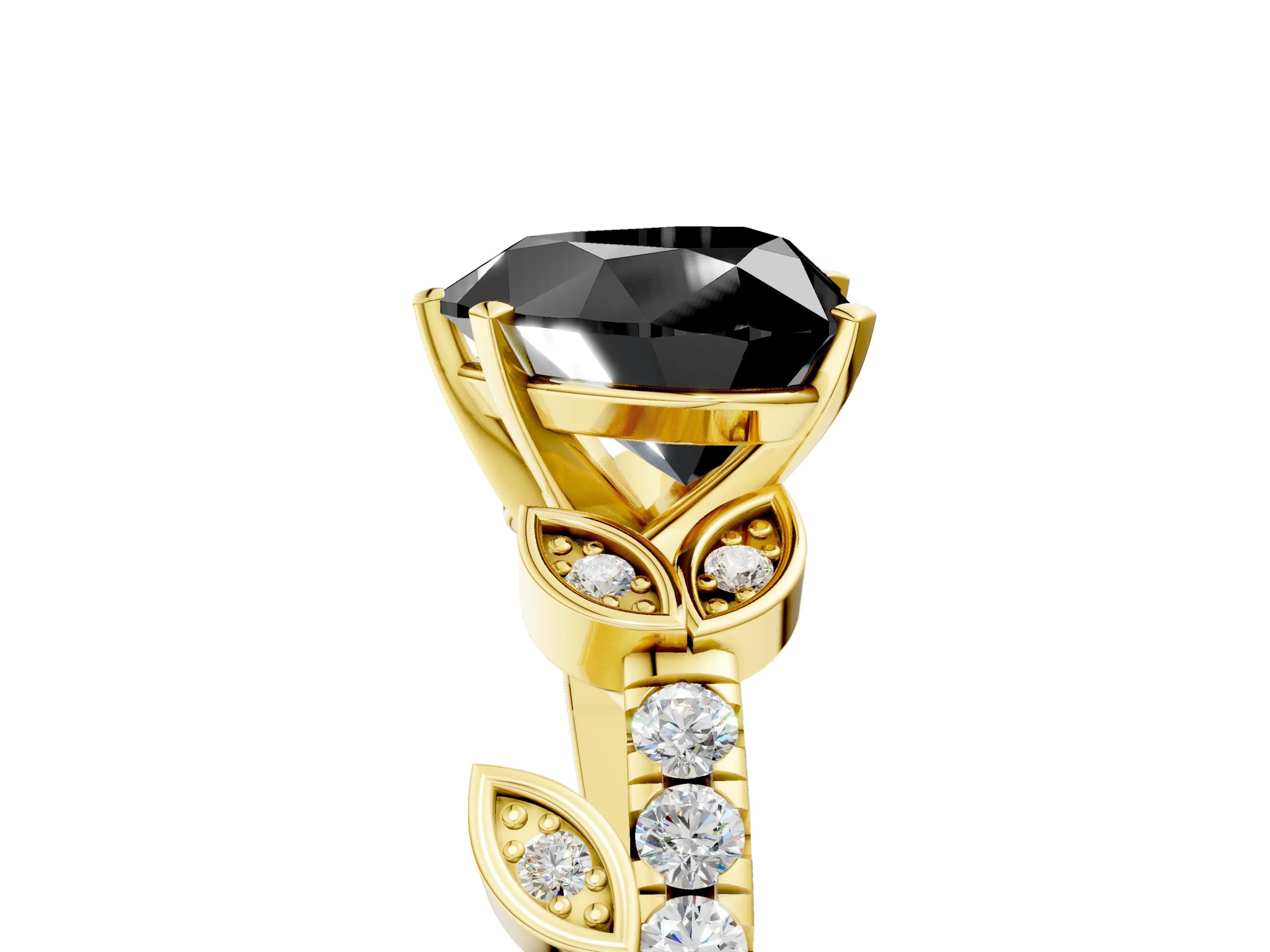 Yellow gold Fancy Black Heart Cut Solitaire Leaf-Inspired Diamond Ring with Pavé Band and Four-Prong Setting_5