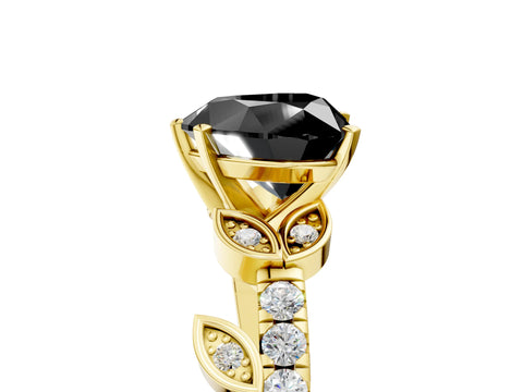 Yellow gold Fancy Black Heart Cut Solitaire Leaf-Inspired Diamond Ring with Pavé Band and Four-Prong Setting_5