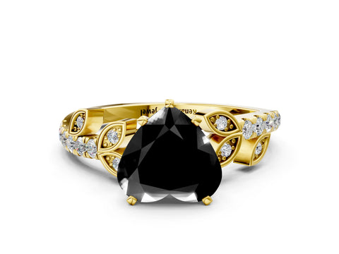 Yellow gold Fancy Black Heart Cut Solitaire Leaf-Inspired Diamond Ring with Pavé Band and Four-Prong Setting