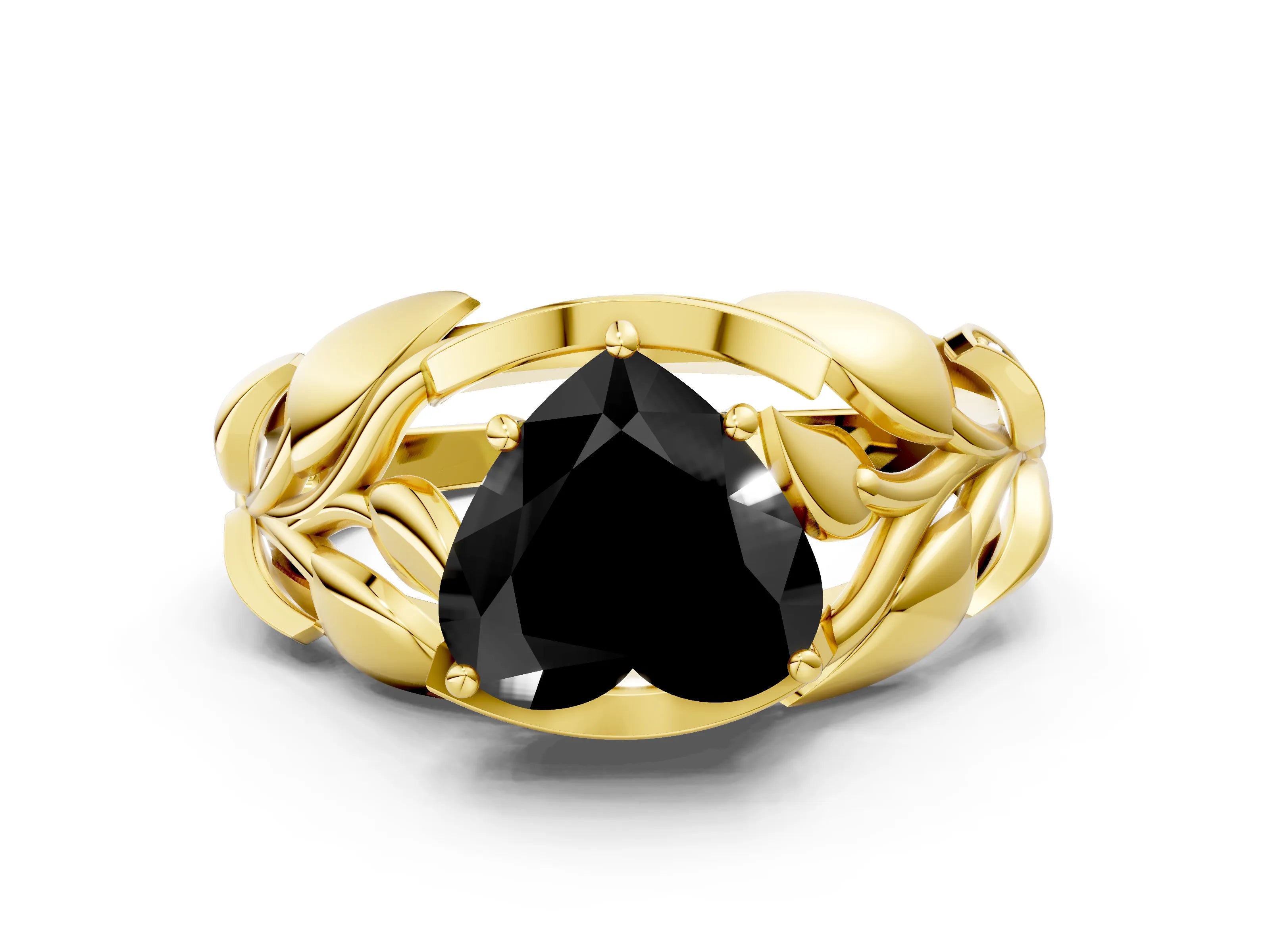 Yellow gold Fancy Black Heart Cut Solitaire Leaf-Inspired Engagement Ring with Prong Setting