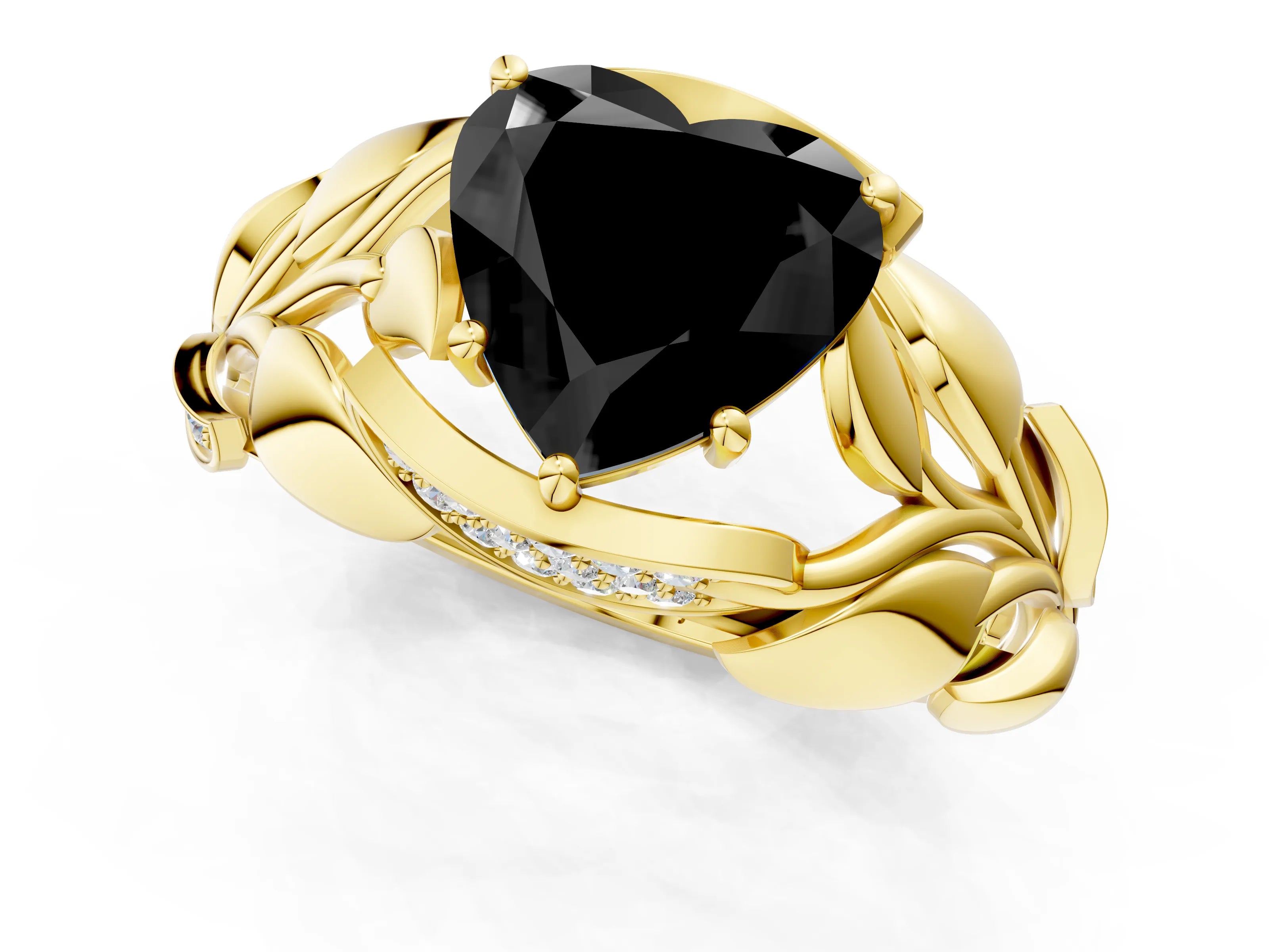 Yellow gold Fancy Black Heart Cut Solitaire Leaf-Inspired Engagement Ring with Prong Setting_1