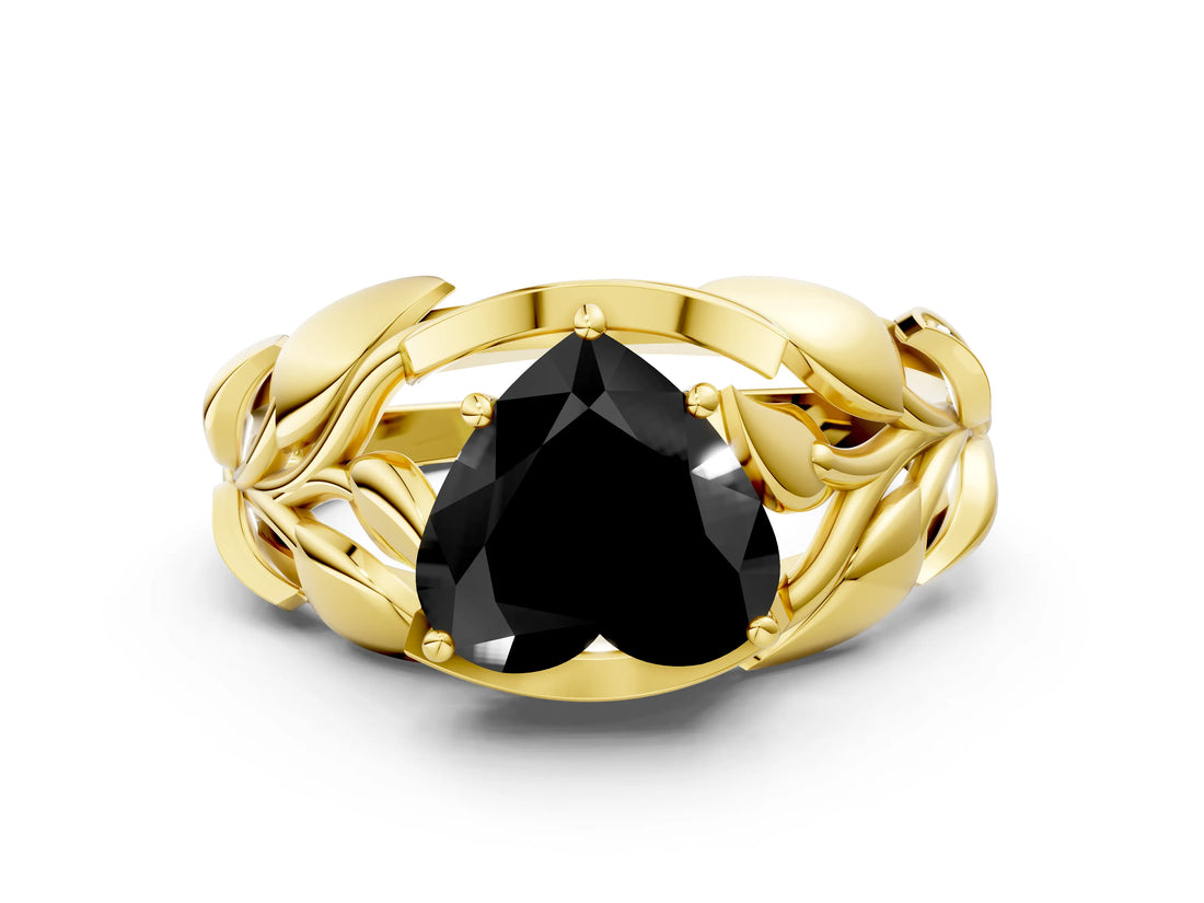 Yellow gold Fancy Black Heart Cut Solitaire Leaf-Inspired Engagement Ring with Prong Setting_12