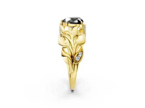 Yellow gold Fancy Black Heart Cut Solitaire Leaf-Inspired Engagement Ring with Prong Setting_2