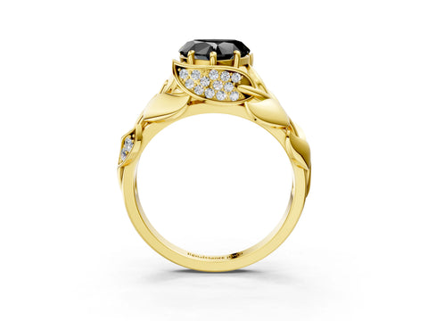 Yellow gold Fancy Black Heart Cut Solitaire Leaf-Inspired Engagement Ring with Prong Setting_3