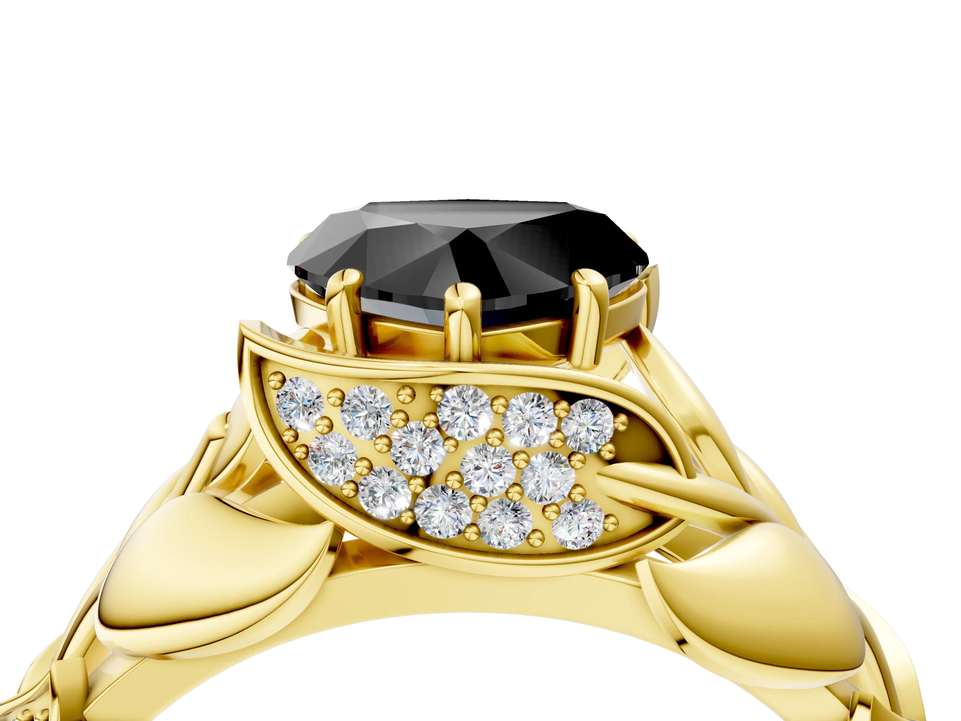 Yellow gold Fancy Black Heart Cut Solitaire Leaf-Inspired Engagement Ring with Prong Setting_4