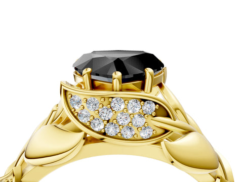 Yellow gold Fancy Black Heart Cut Solitaire Leaf-Inspired Engagement Ring with Prong Setting_4