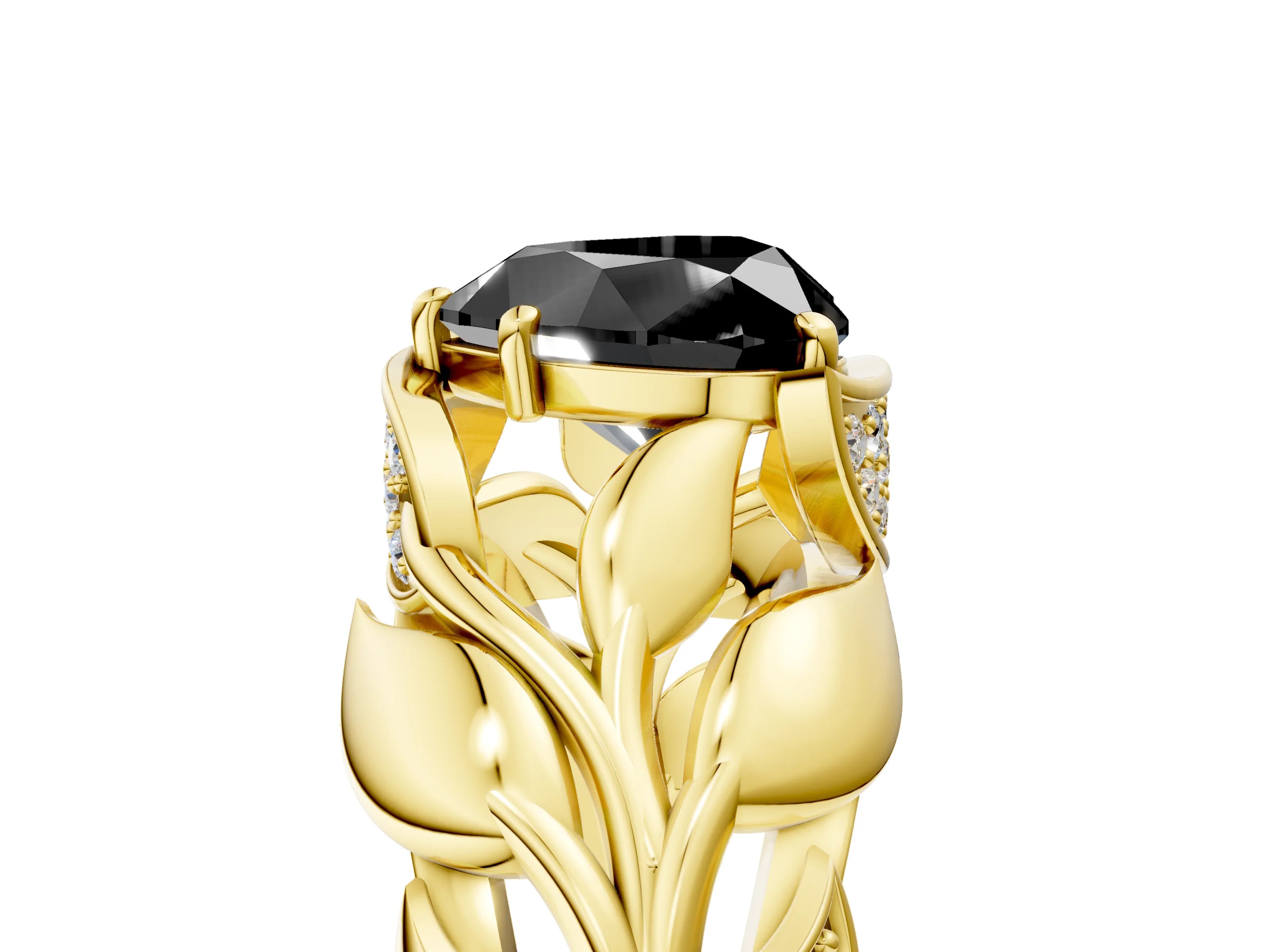 Yellow gold Fancy Black Heart Cut Solitaire Leaf-Inspired Engagement Ring with Prong Setting_5