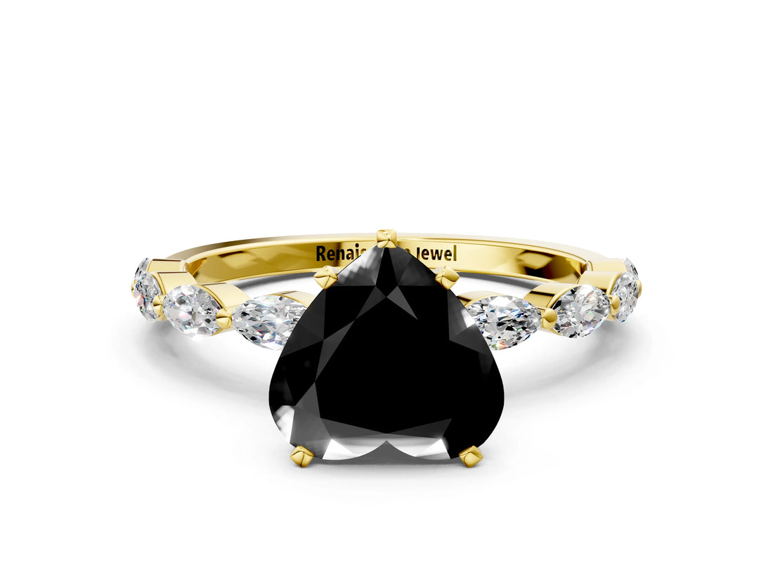 Yellow gold Fancy Black Heart Cut Solitaire Marquise Side Stone Prong Setting Ring