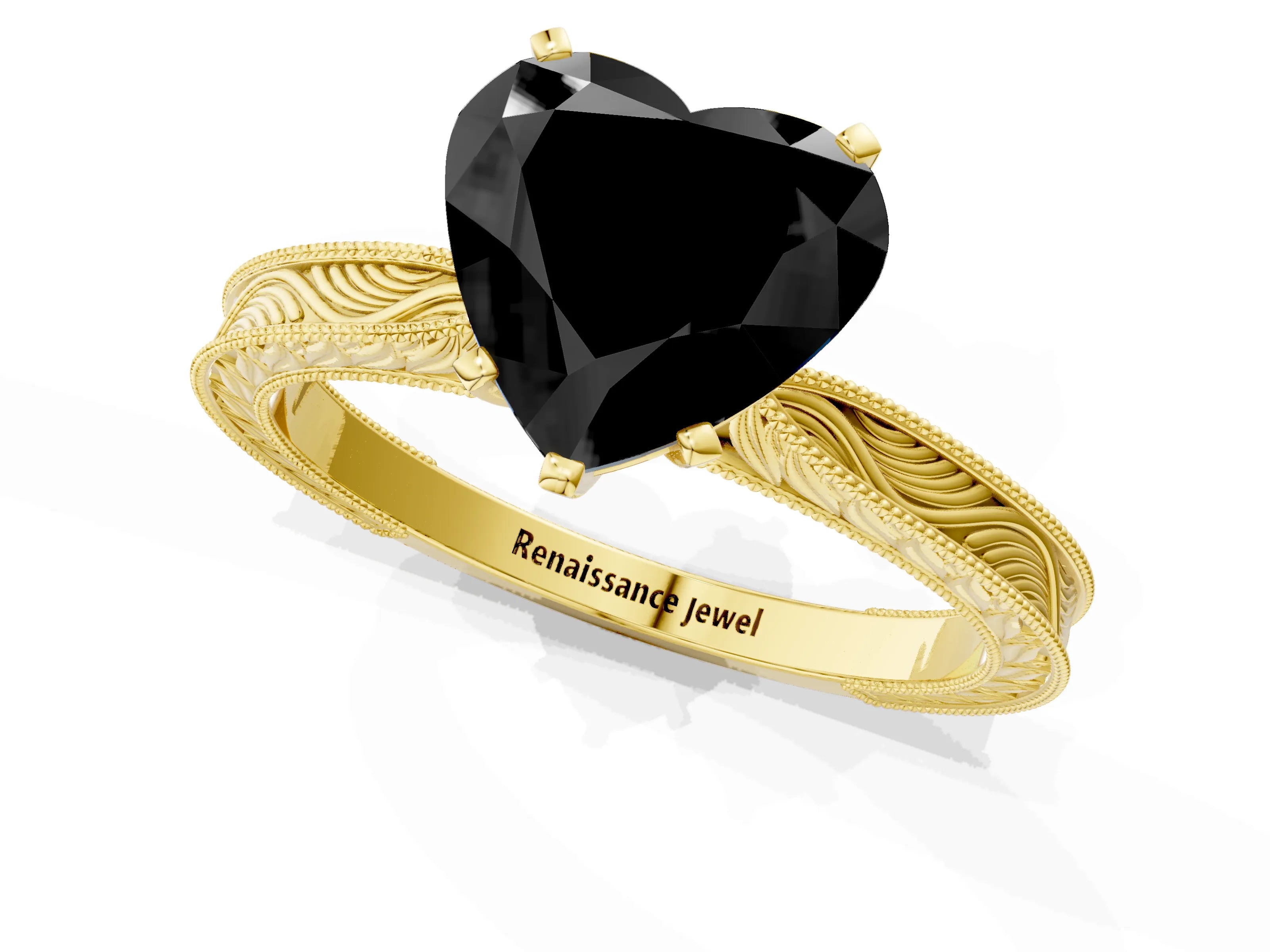 Yellow gold Fancy Black Heart Cut Solitaire Milgrain Engraved Band with Four-Prong Setting_1