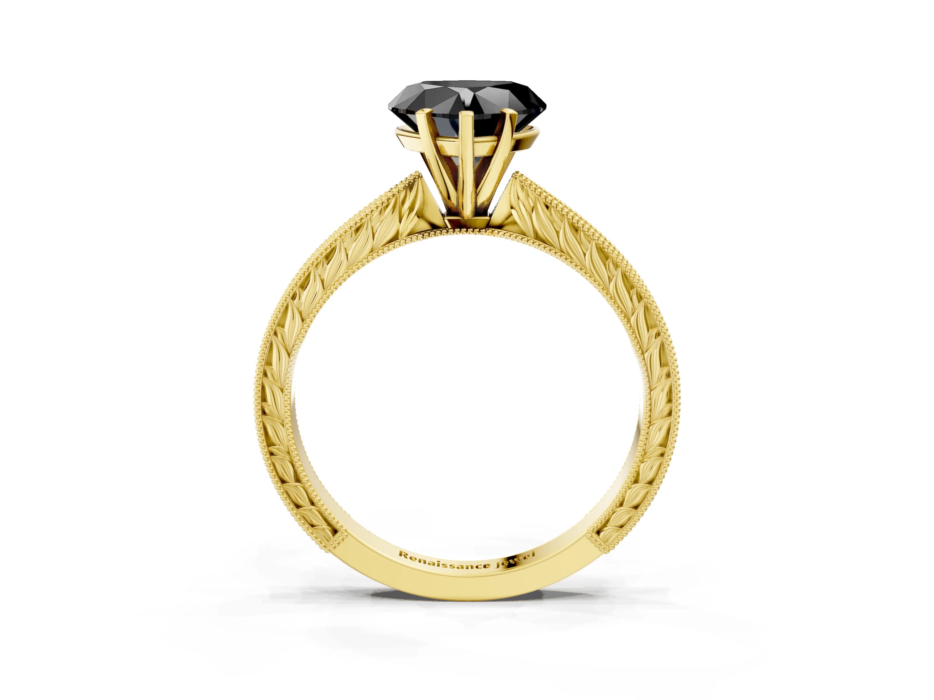 Yellow gold Fancy Black Heart Cut Solitaire Milgrain Engraved Band with Four-Prong Setting_3