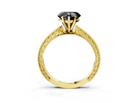 Yellow gold Fancy Black Heart Cut Solitaire Milgrain Engraved Band with Four-Prong Setting_3