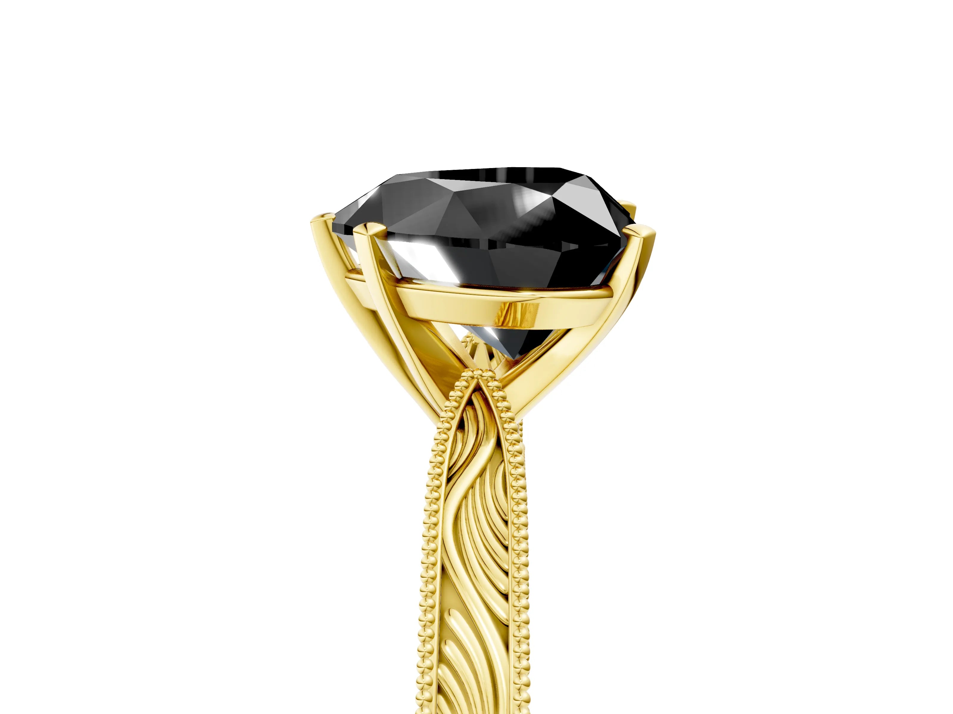Yellow gold Fancy Black Heart Cut Solitaire Milgrain Engraved Band with Four-Prong Setting_5