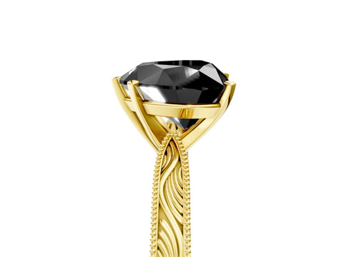 Yellow gold Fancy Black Heart Cut Solitaire Milgrain Engraved Band with Four-Prong Setting_5
