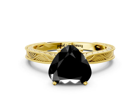 Yellow gold Fancy Black Heart Cut Solitaire Milgrain Engraved Band with Four-Prong Setting