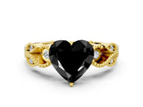 Yellow gold Fancy Black Heart Cut Solitaire Milgrain Leaf Band with Prong Setting