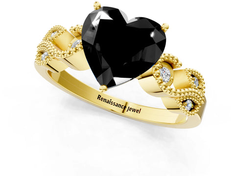 Yellow gold Fancy Black Heart Cut Solitaire Milgrain Leaf Band with Prong Setting_1