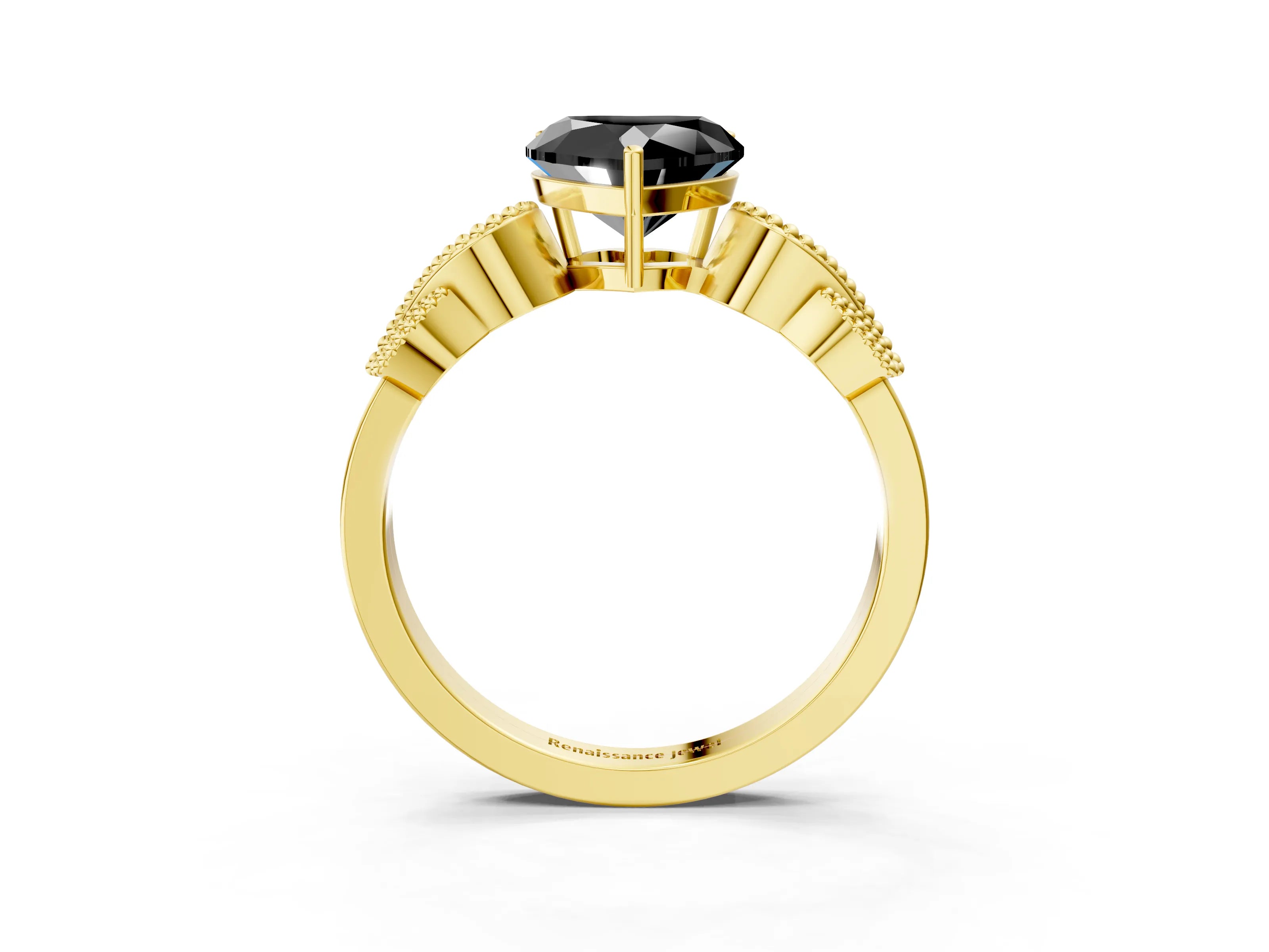 Yellow gold Fancy Black Heart Cut Solitaire Milgrain Leaf Band with Prong Setting_3