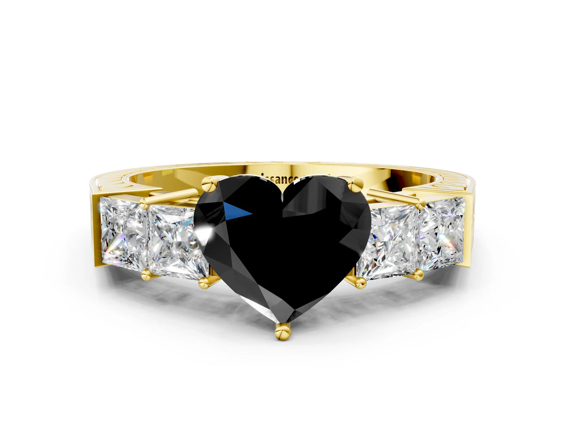 Yellow gold Fancy Black Heart Cut Solitaire Princess Side Stone Engraved Band Prong Setting Ring