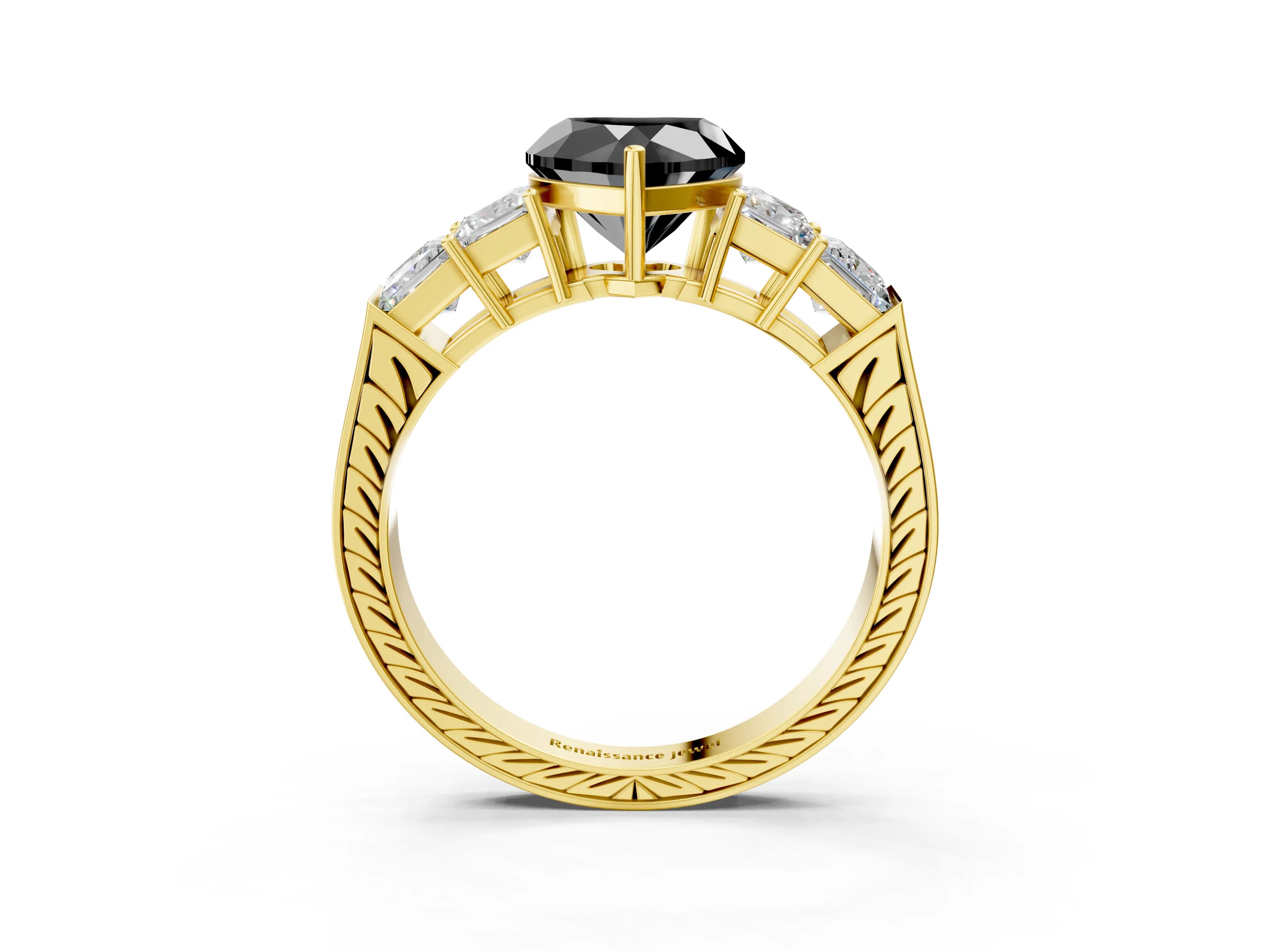 Yellow gold Fancy Black Heart Cut Solitaire Princess Side Stone Engraved Band Prong Setting Ring_3