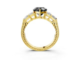 Yellow gold Fancy Black Heart Cut Solitaire Princess Side Stone Engraved Band Prong Setting Ring_3