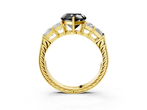 Yellow gold Fancy Black Heart Cut Solitaire Princess Side Stone Engraved Band Prong Setting Ring_3