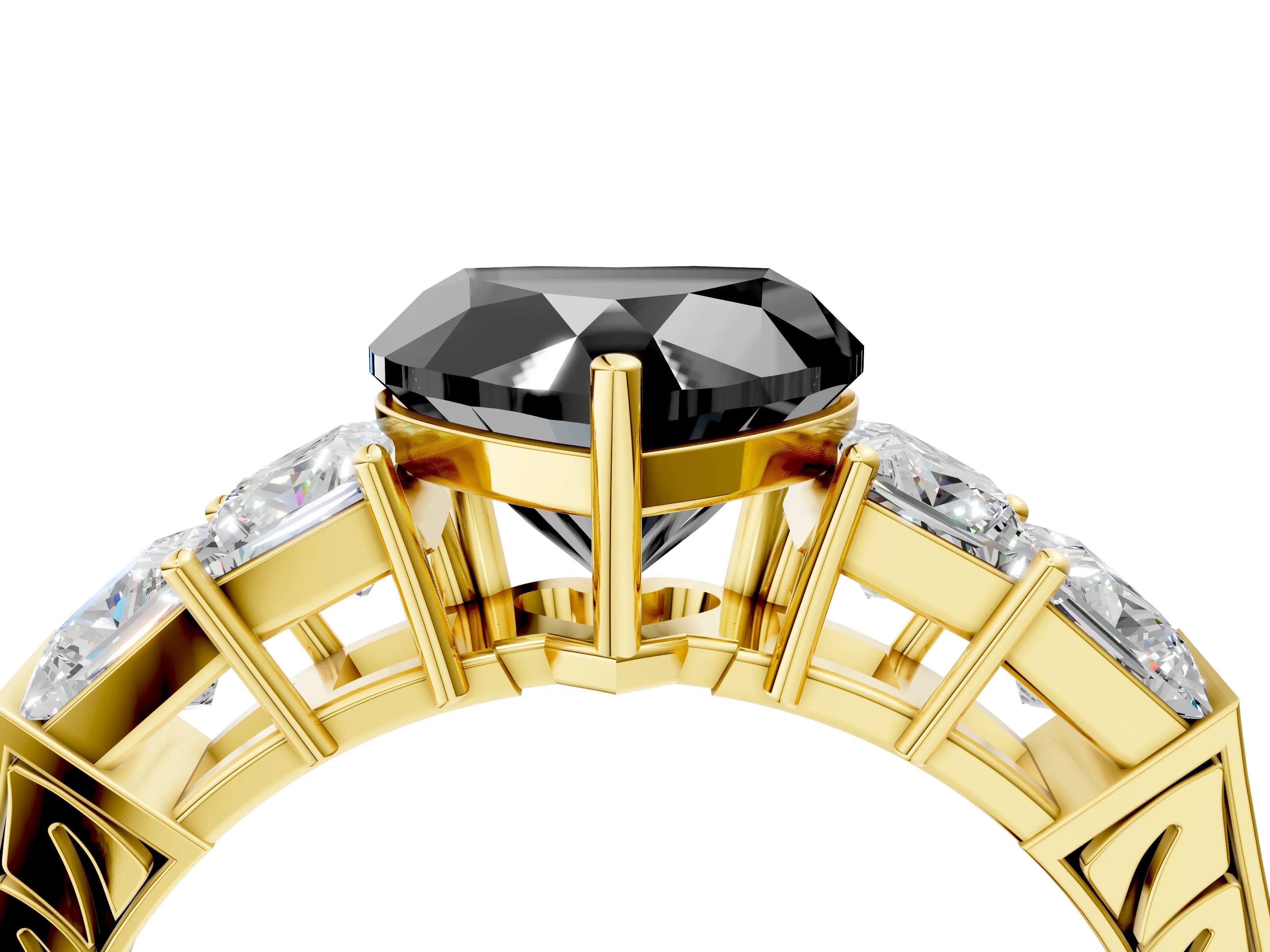 Yellow gold Fancy Black Heart Cut Solitaire Princess Side Stone Engraved Band Prong Setting Ring_4