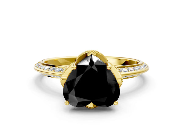Yellow Gold Heart-Shaped Graduated Pave Engagement Ring Setting for Black Center
