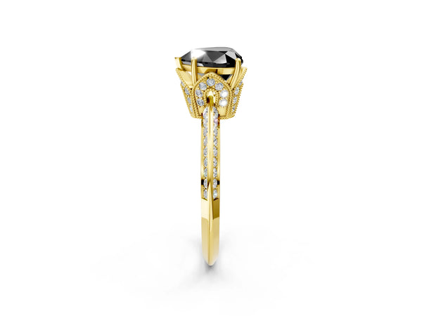 Yellow Gold Heart-Shaped Graduated Pave Engagement Ring Setting for Black Center