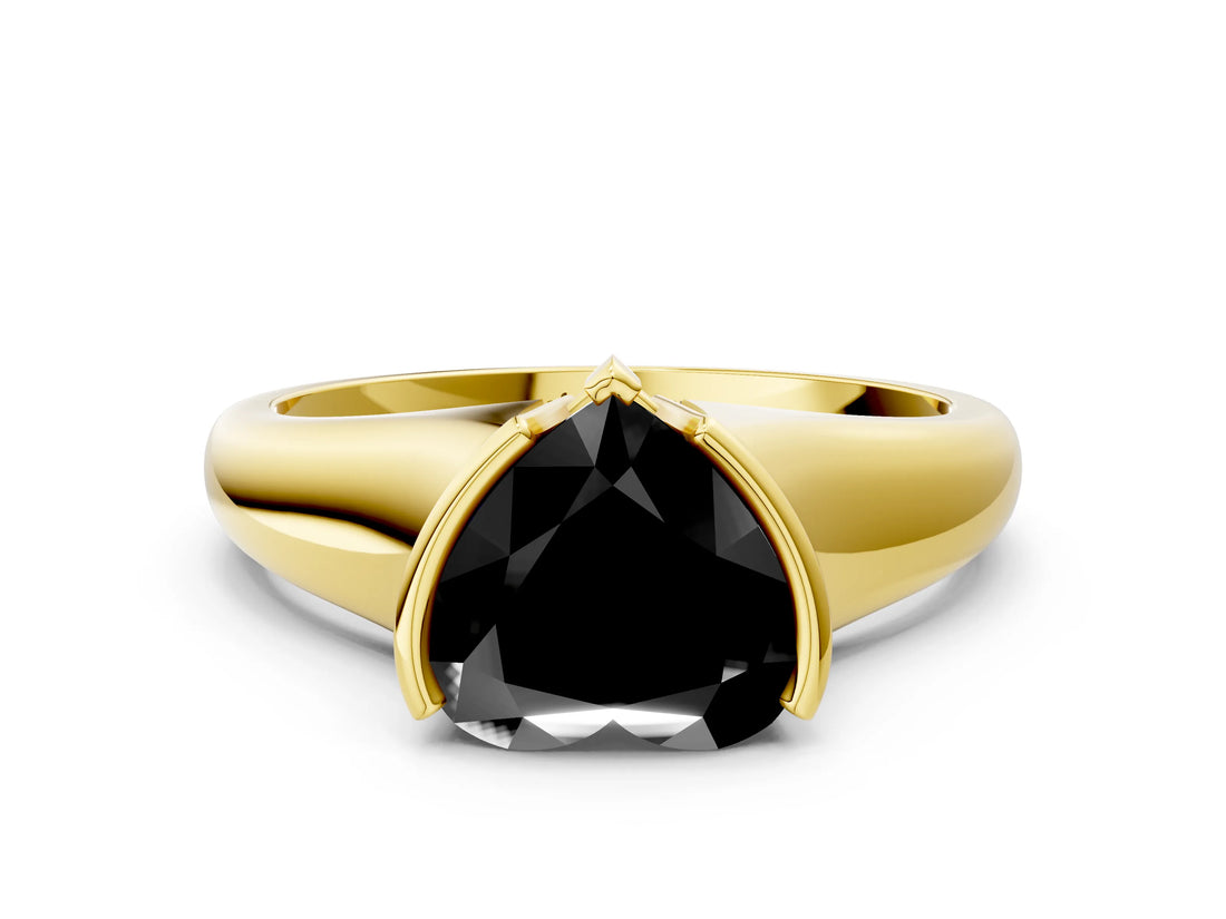 Yellow gold Fancy Black Heart Cut Solitaire Tension Set Diamond Ring with Split Shank Band
