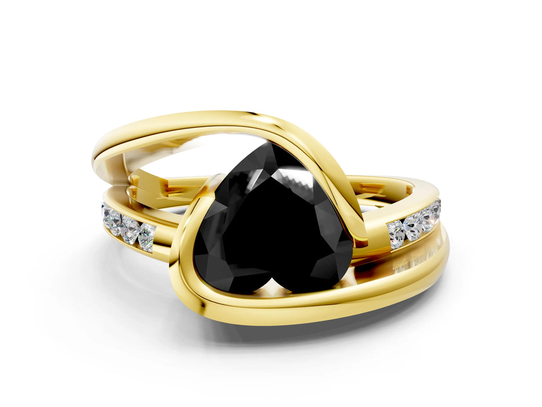 Yellow gold Fancy Black Heart Cut Solitaire Tension-Set Diamond Split Shank Ring