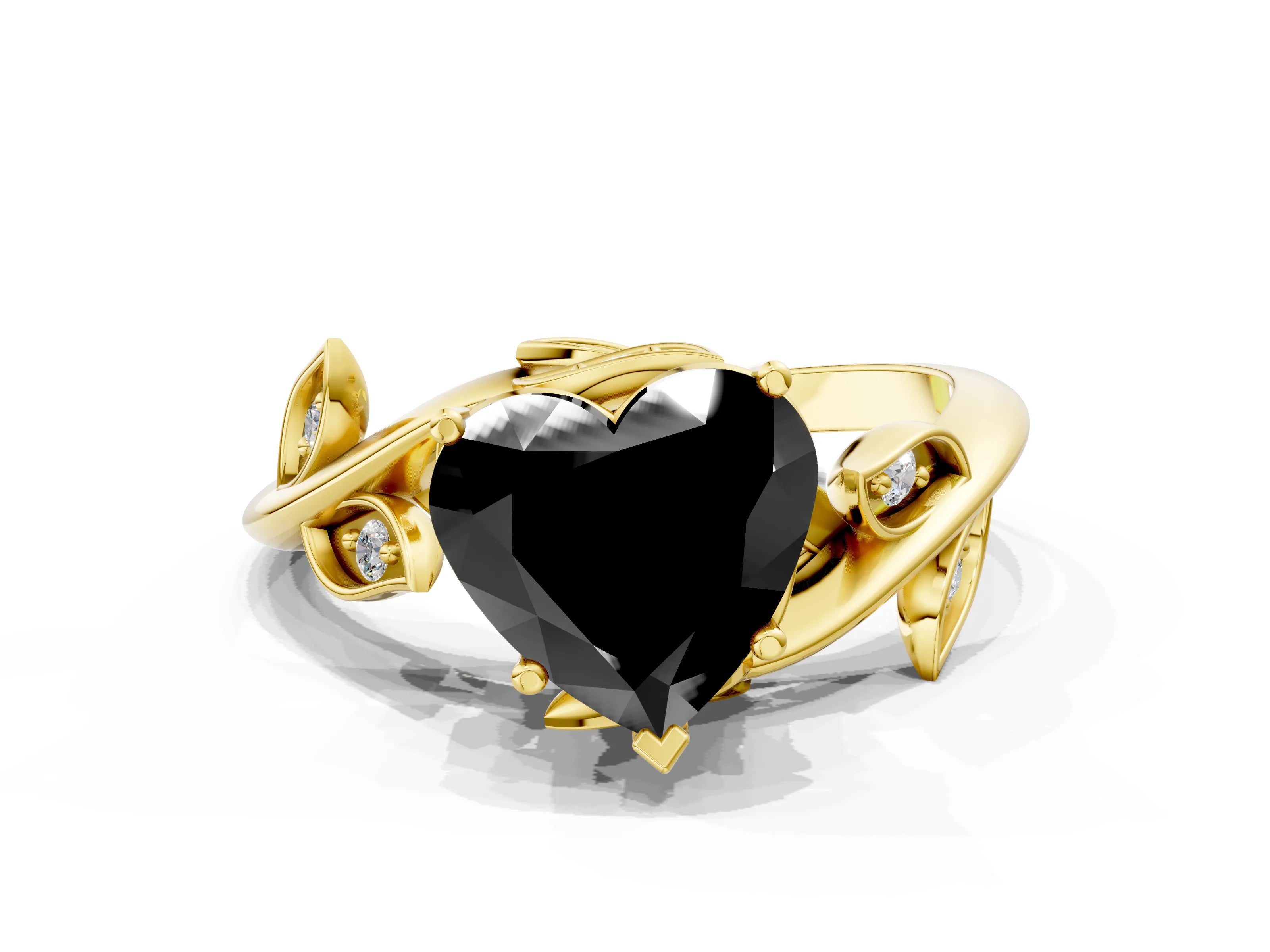 Yellow gold Fancy Black Heart Cut Solitaire Twist Engagement Ring with Leaf Accents and Prong Setting