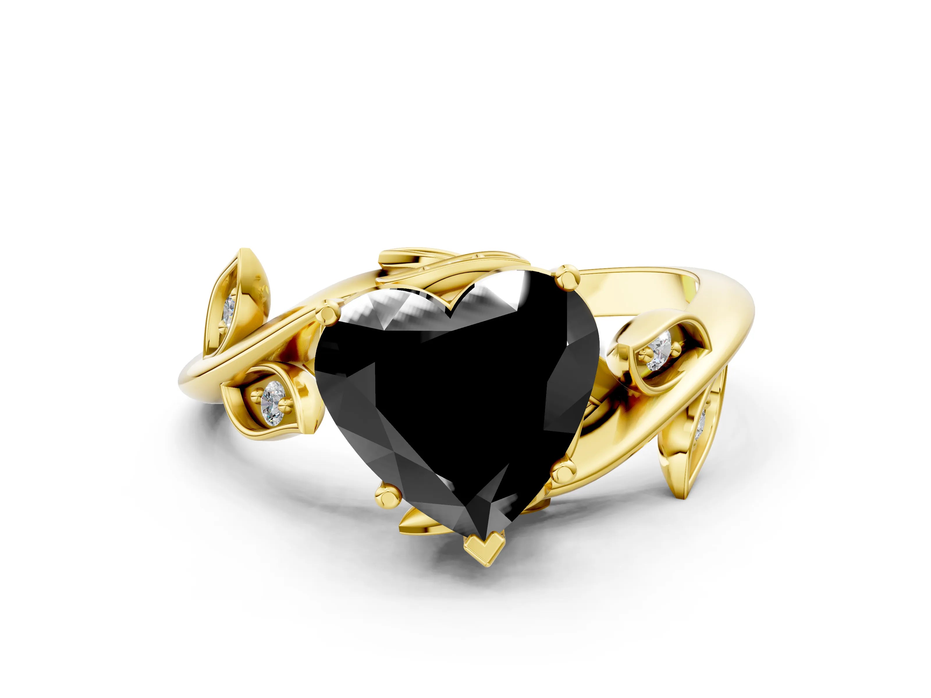 Yellow gold Fancy Black Heart Cut Solitaire Twist Engagement Ring with Leaf Accents and Prong Setting_12