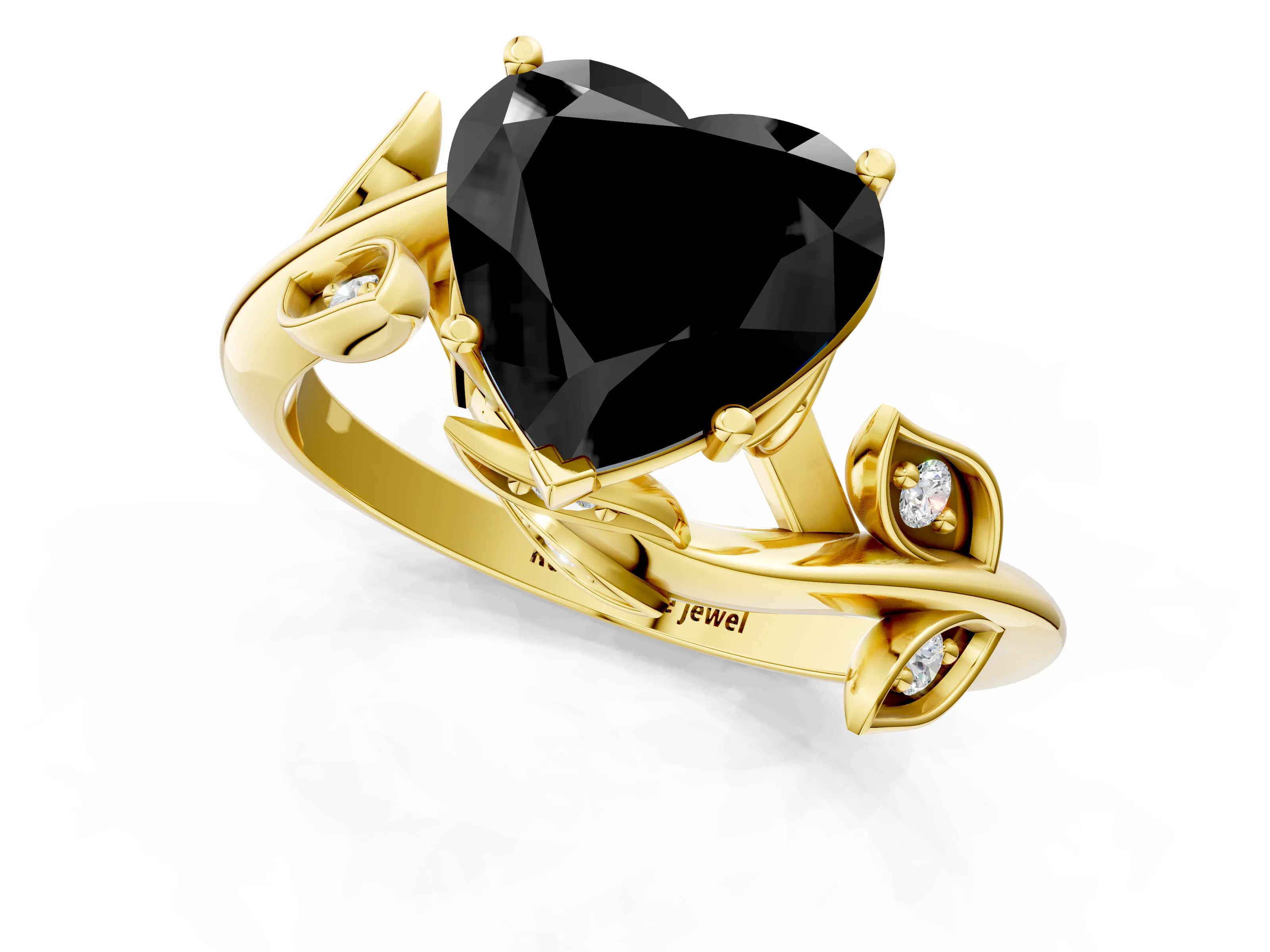 Yellow gold Fancy Black Heart Cut Solitaire Twist Engagement Ring with Leaf Accents and Prong Setting_13