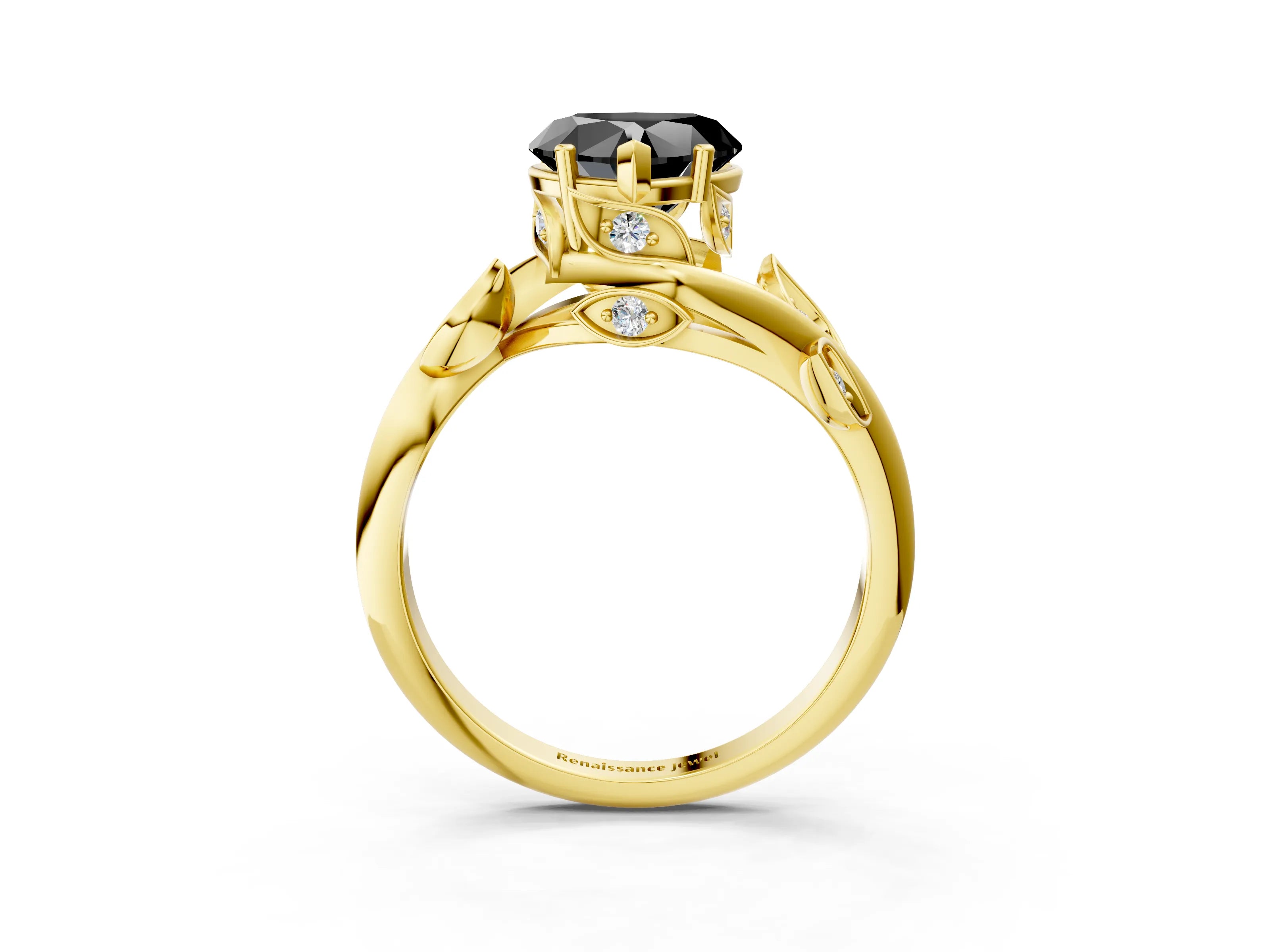 Yellow gold Fancy Black Heart Cut Solitaire Twist Engagement Ring with Leaf Accents and Prong Setting_15