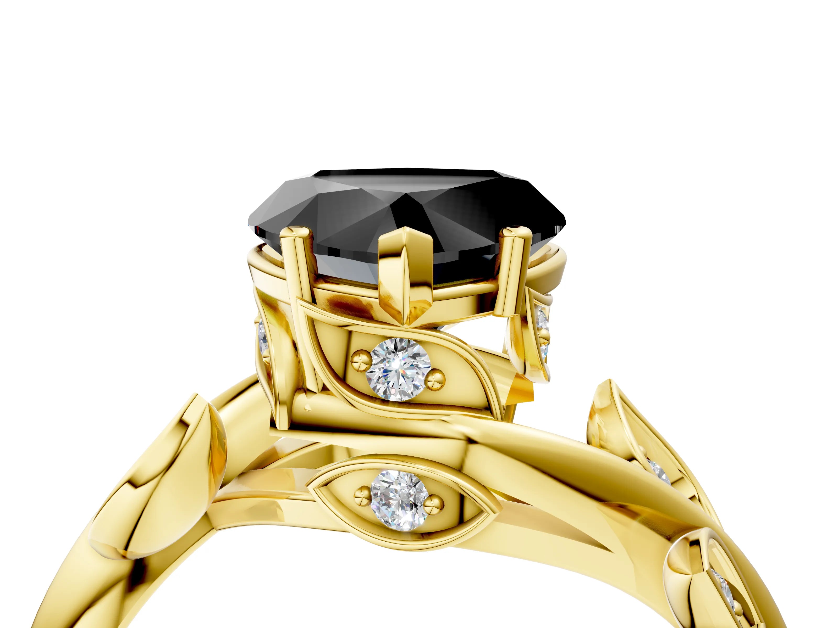 Yellow gold Fancy Black Heart Cut Solitaire Twist Engagement Ring with Leaf Accents and Prong Setting_16
