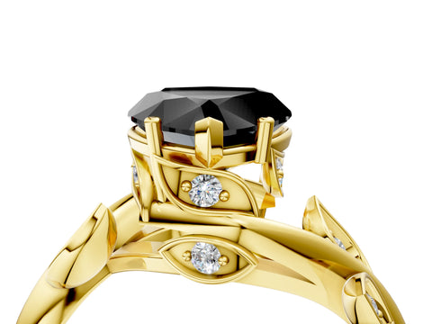 Yellow gold Fancy Black Heart Cut Solitaire Twist Engagement Ring with Leaf Accents and Prong Setting_16