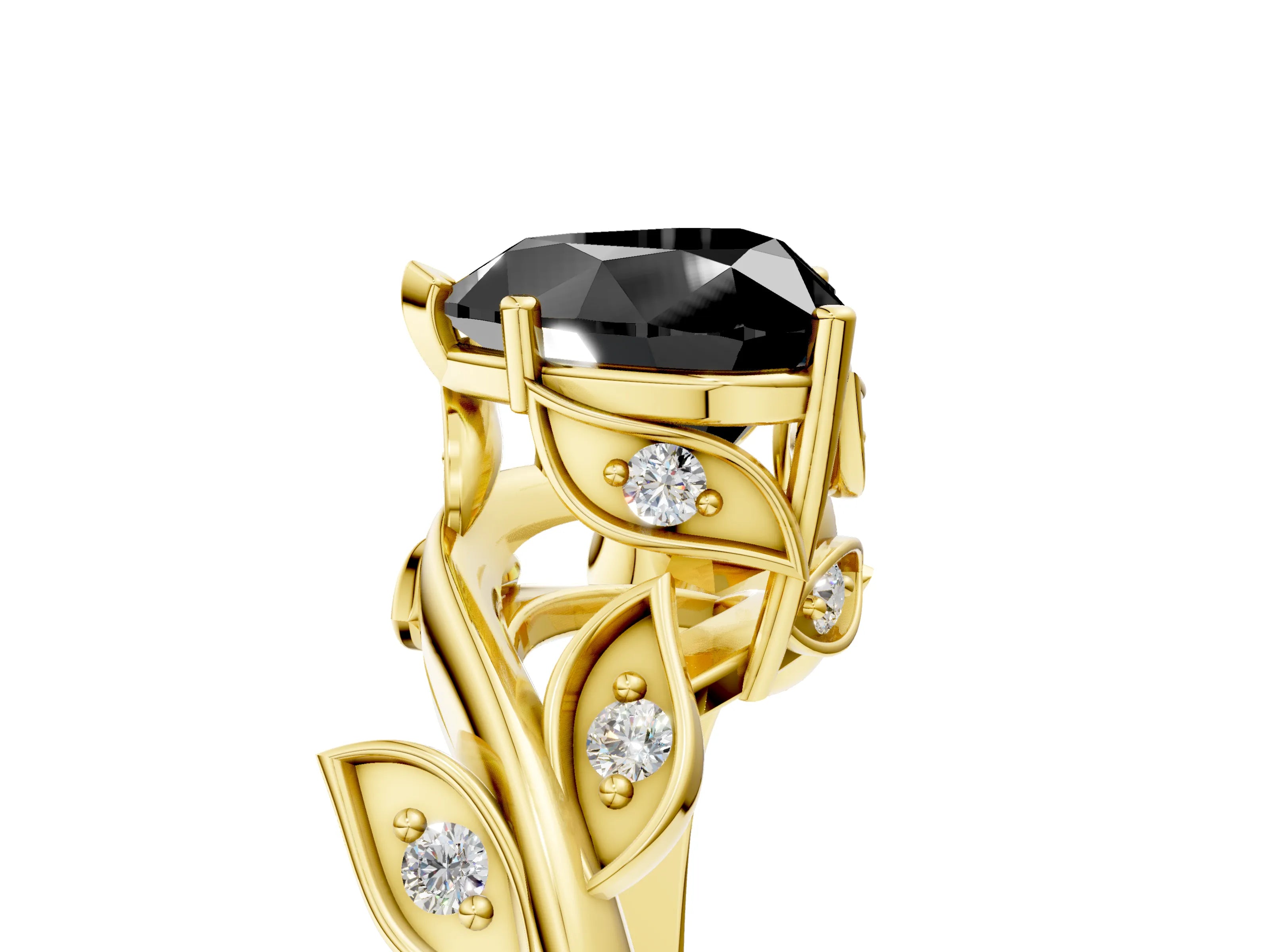 Yellow gold Fancy Black Heart Cut Solitaire Twist Engagement Ring with Leaf Accents and Prong Setting_17