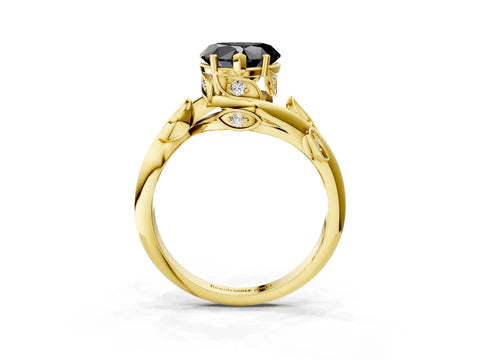 Yellow gold Fancy Black Heart Cut Solitaire Twist Engagement Ring with Leaf Accents and Prong Setting_3
