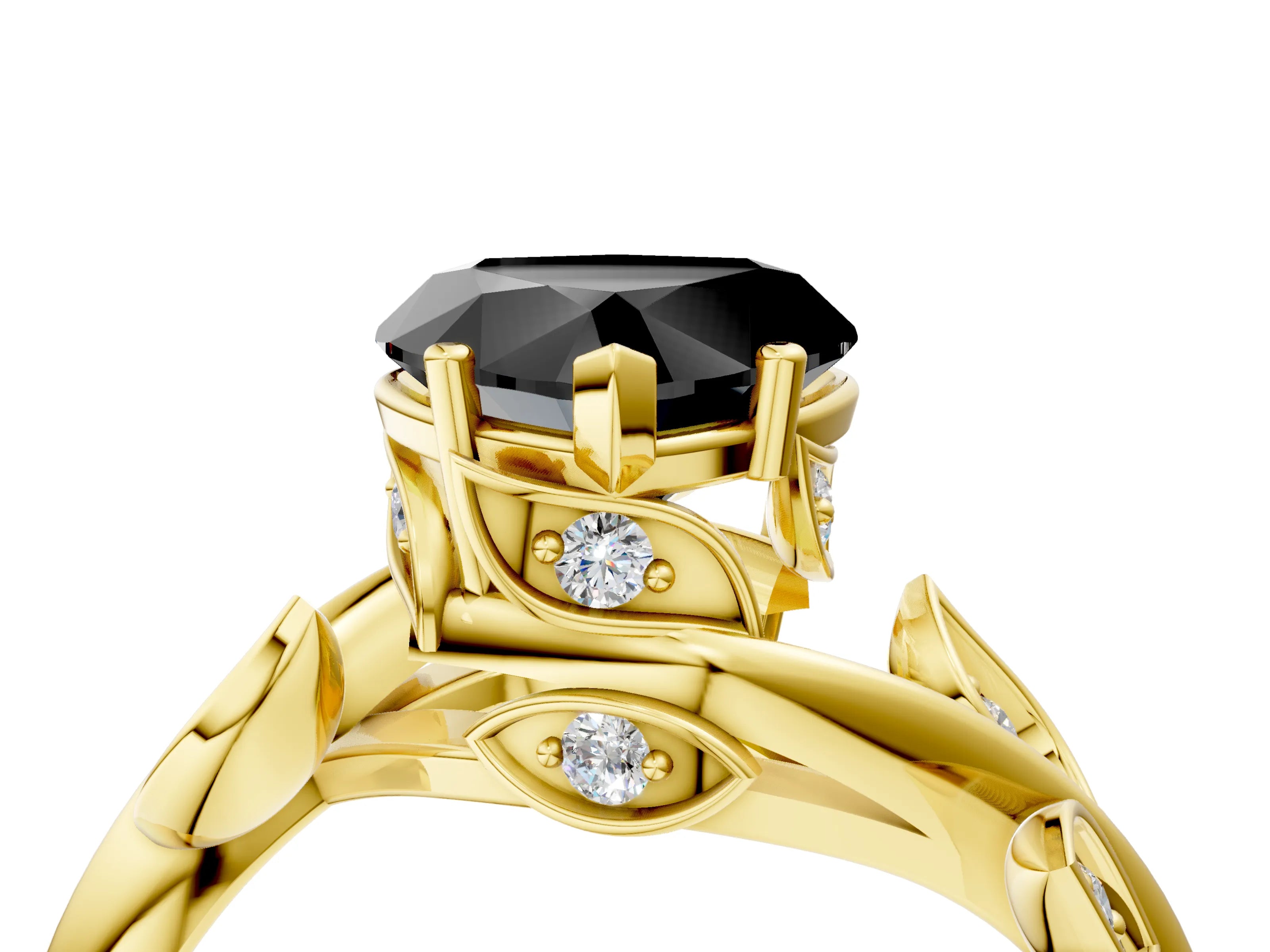 Yellow gold Fancy Black Heart Cut Solitaire Twist Engagement Ring with Leaf Accents and Prong Setting_4