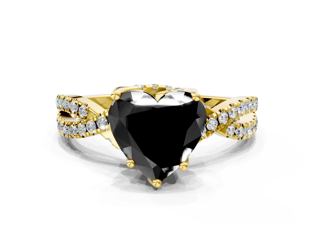 Yellow gold Fancy Black Heart Cut Solitaire Twist Pave Diamond Engagement Ring with Prong Setting