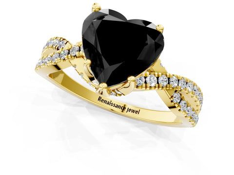 Yellow gold Fancy Black Heart Cut Solitaire Twist Pave Diamond Engagement Ring with Prong Setting_1