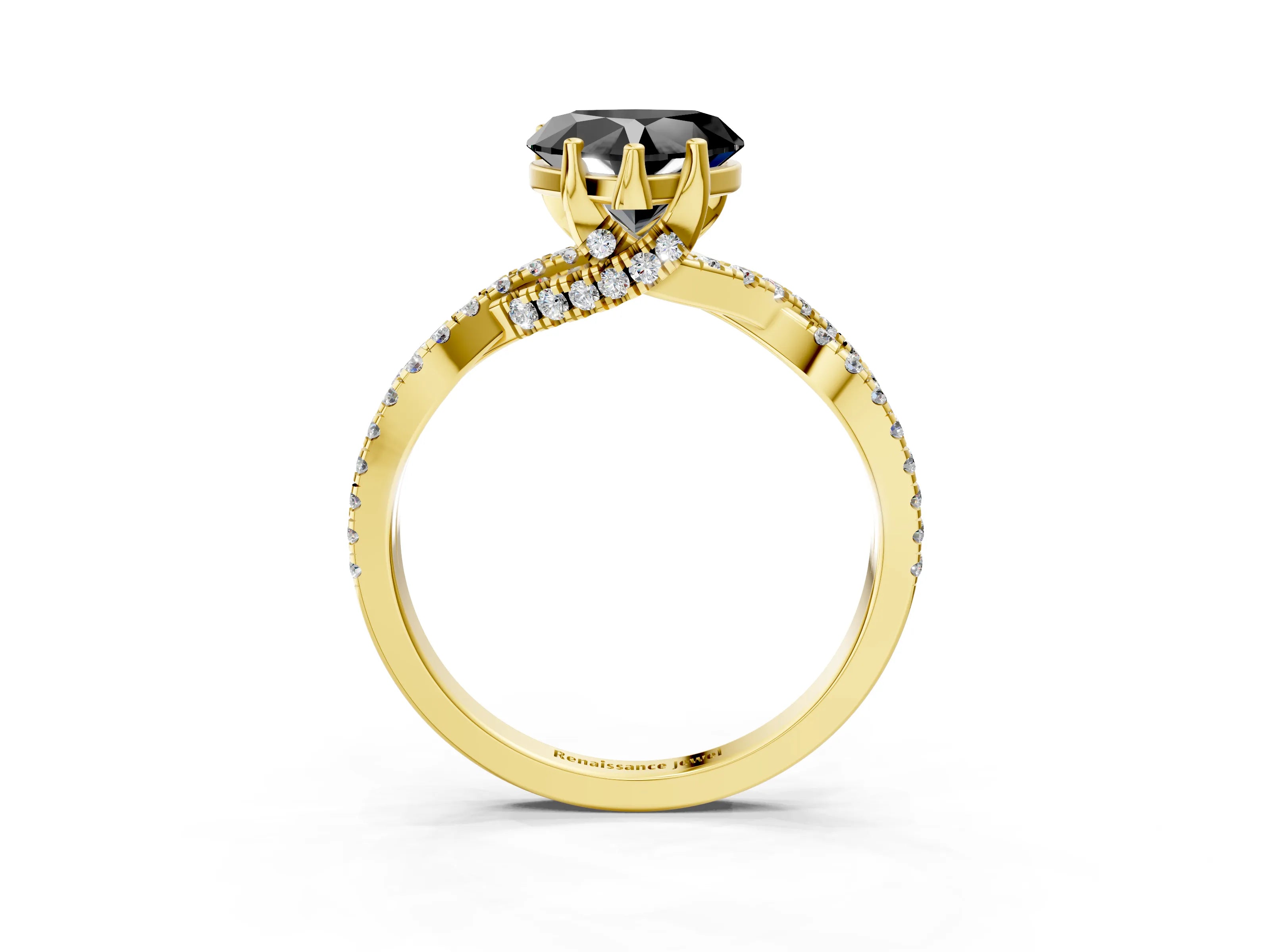 Yellow gold Fancy Black Heart Cut Solitaire Twist Pave Diamond Engagement Ring with Prong Setting_27