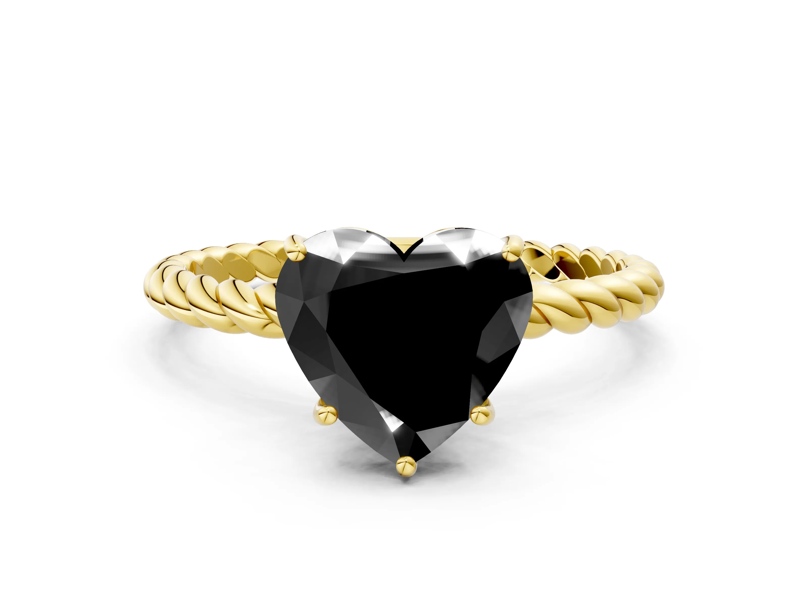 Yellow gold Fancy Black Heart Cut Solitaire Twisted Band 4-Prong Ring
