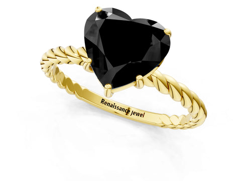 Yellow gold Fancy Black Heart Cut Solitaire Twisted Band 4-Prong Ring_1