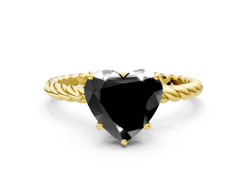 Yellow gold Fancy Black Heart Cut Solitaire Twisted Band 4-Prong Ring