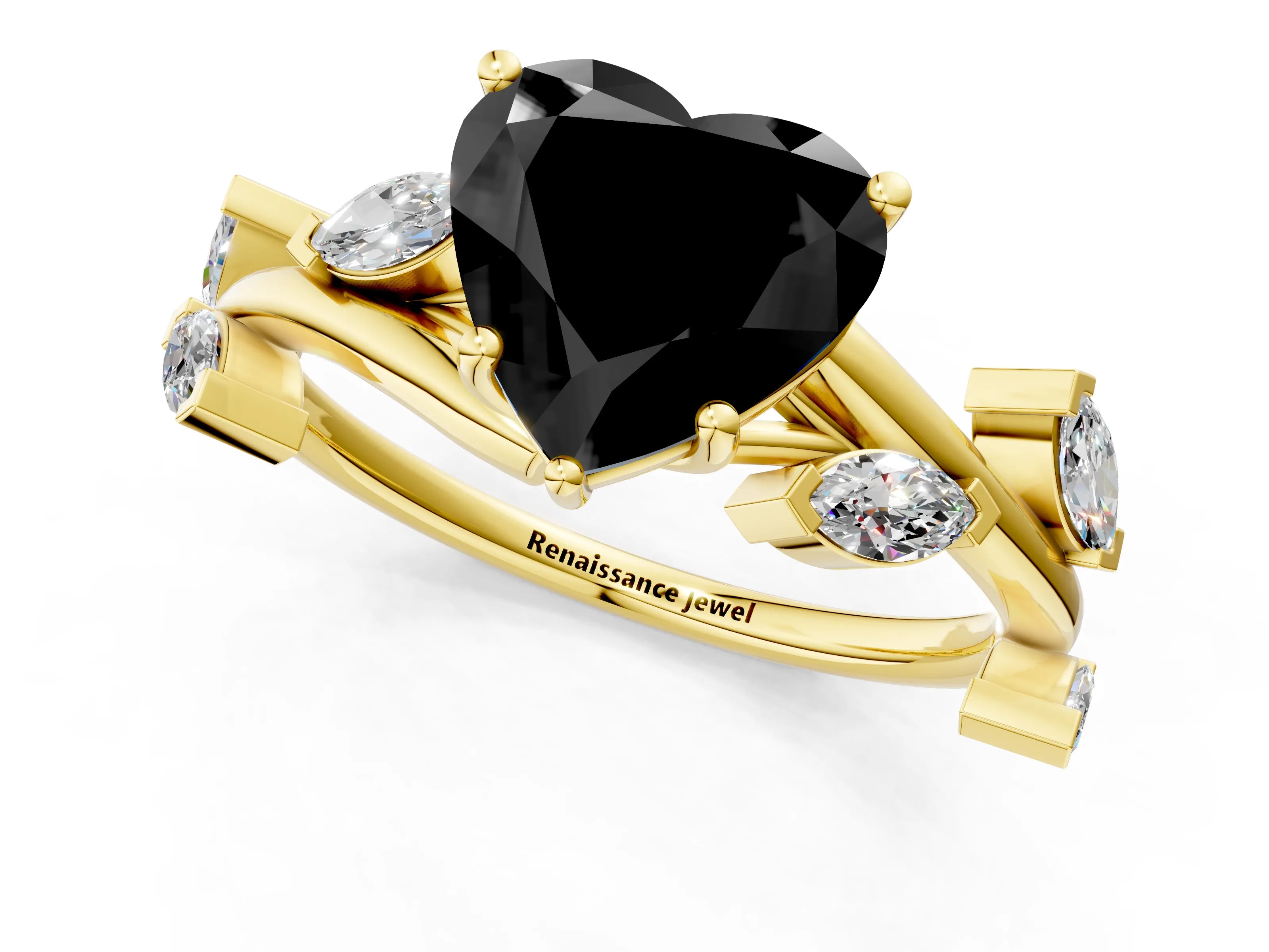 Yellow gold Fancy Black Heart Cut Solitaire Twisted Band Marquise Accent Prong Setting Ring_1