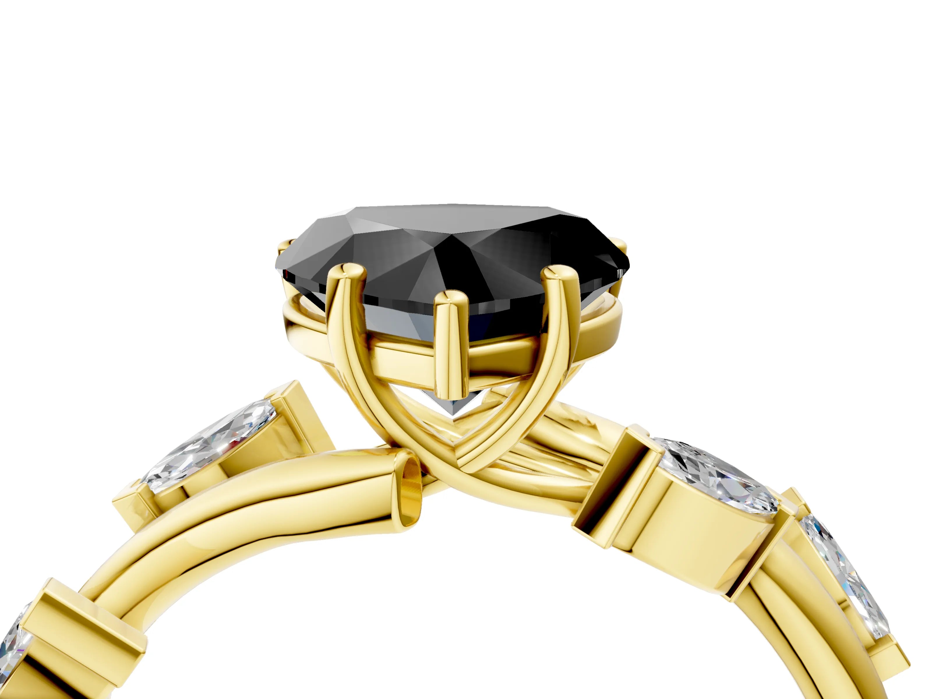 Yellow gold Fancy Black Heart Cut Solitaire Twisted Band Marquise Accent Prong Setting Ring_4